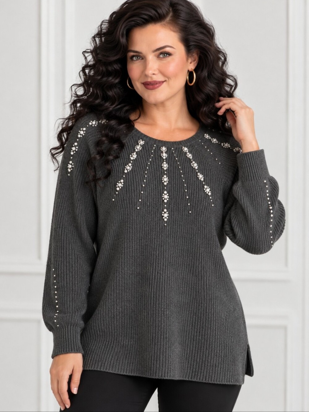 Laura Plus Gray Pearl & Rhinestone Beaded Knit Sweater - Plus
